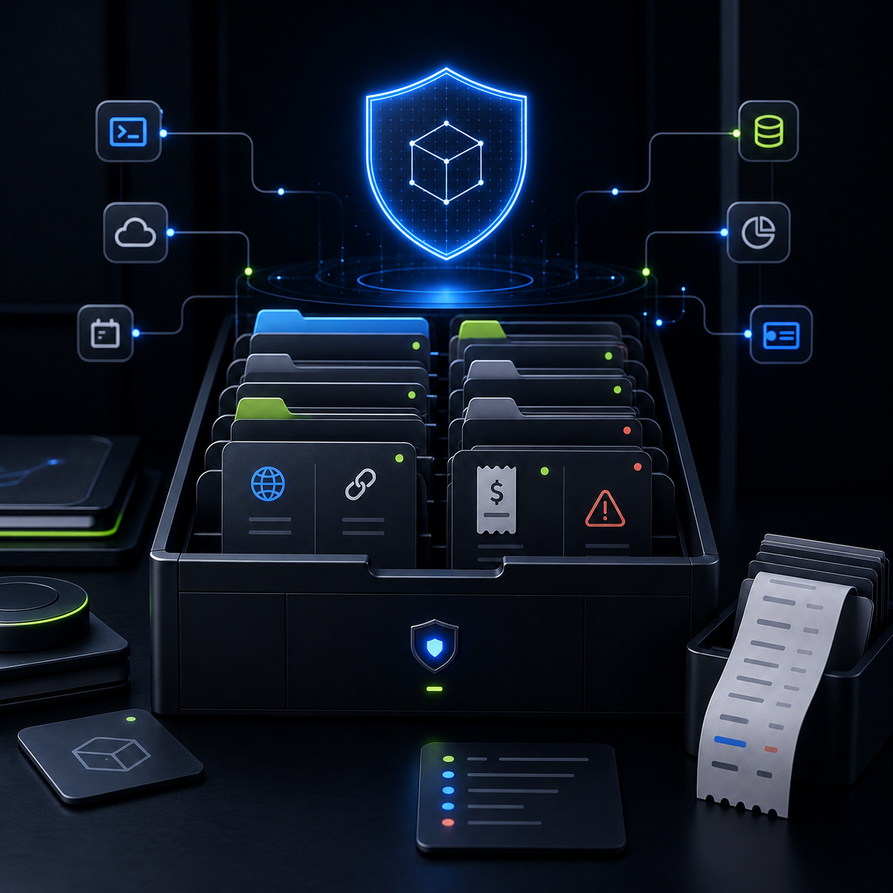 Secure archive tray holding project metadata cards, service icons, and cleanup receipts.